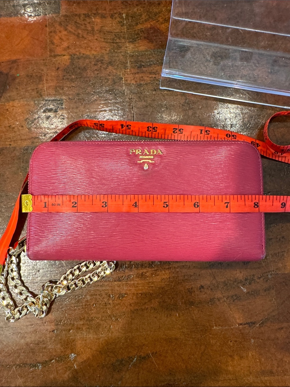 Prada Hot Pink Saffiano Zip Wallet with Gold Chain Strap - Picture 14 of 16